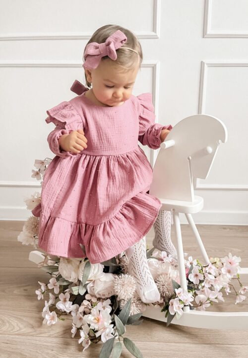 Sukienka Muślinowa Róż z drobinkami 62-128