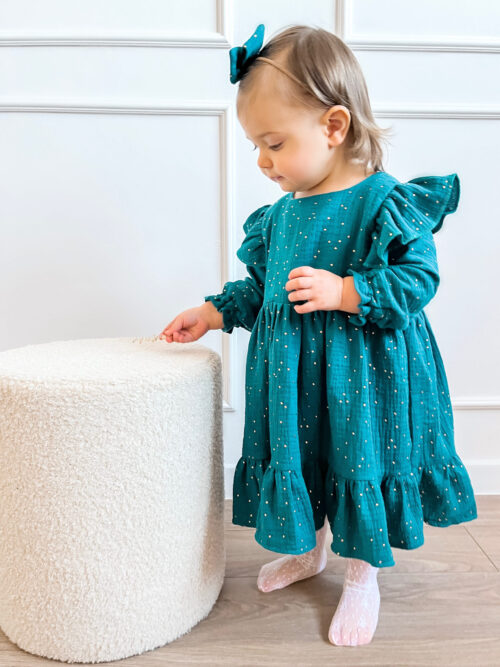 Alternative view of Sukienka Muślinowa Petrol z drobinkami 62-128