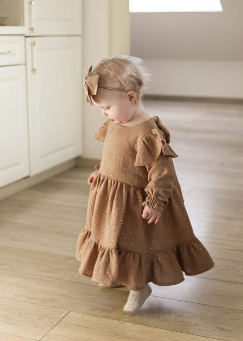 Sukienka Muślinowa Beżowa z drobinkami 62-128