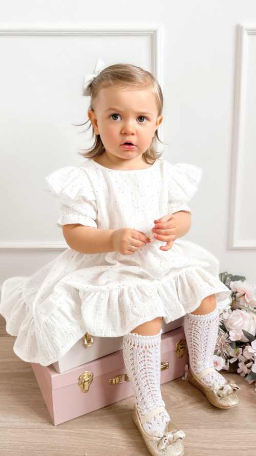 Zestaw sukienek Mama&Córka Muślinowych Biel Śmietankowa z drobinkami