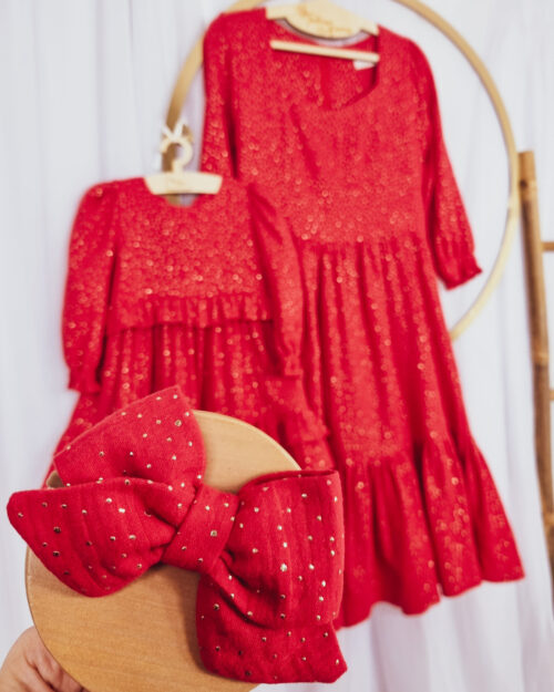 Zestaw sukienek Mama&Córka Muślinowych Drobinki Czerwień